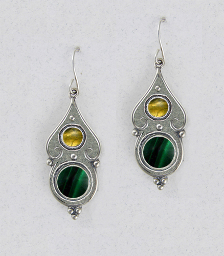 Sterling Silver Malachite And Citrine Gemstone Drop Dangle Earrings